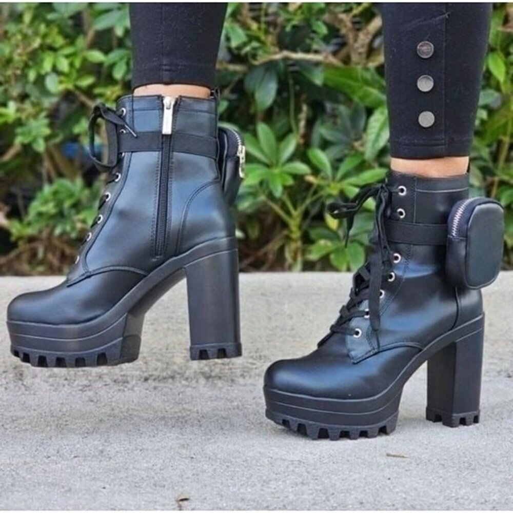 Black Women’s Lace Up Block Heel Booties Side Zipper & Pouches